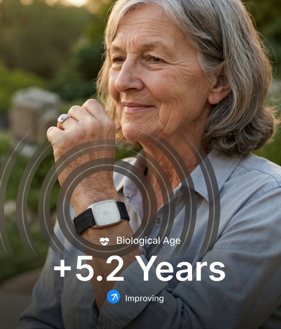 Hume app biological age screen, woman in her fifties