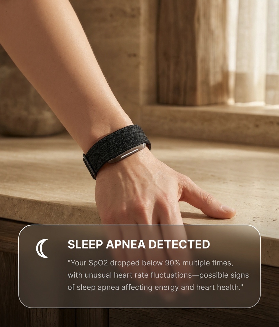 Hume app heart-trend alert on a woman's wrist